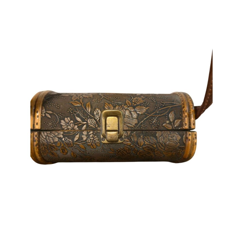Vintage wood & bamboo basket handbag purse embossed Floral Latch Closure retro - Picture 3 of 12